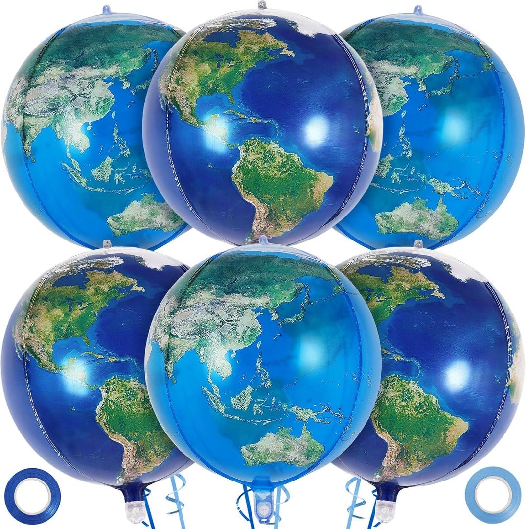 6 Pcs Planet Balloons, Large Earth World Map Foil Balloon, 2 Styles Globe Round Sphere Balloons for Birthday Earth Day Travel Adventure Themed Party Decorations Supplies