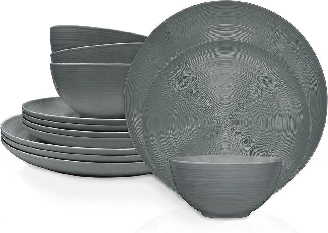 Zak Designs Melamine Dinnerware Set, 12-Piece, Service for 4, American Conventional (Grey)