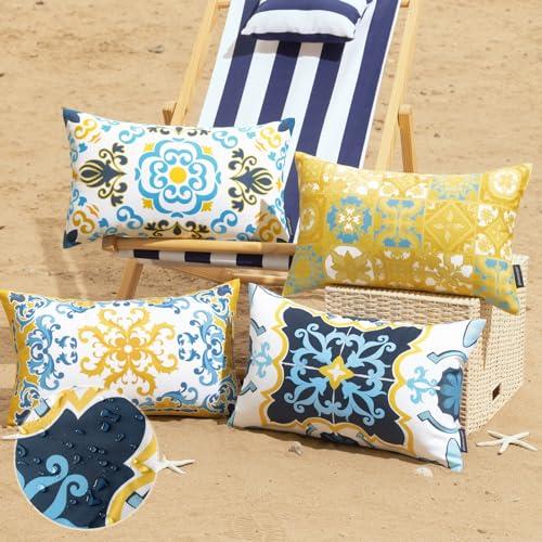 Phantoscope 1 Pack Outdoor Waterproof Throw Decorative Pillow Cover Geometric Boho Farmhouse Outdoor Pillows Cushion Case for Patio Furniture Tent Sunbrella, Blue and Yellow 12x20 Inches