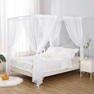 Lace Canopy Bed Curtain Queen, Soft Bed Canopy Scarf for Girls Adults (Queen, White)