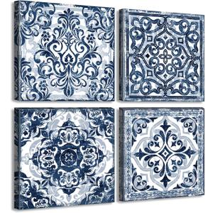 DJSYLIFE Bathroom Wall Decor Navy Blue Flower Paintings Canvas Prints Decoration Vintage Wall Art for Bedroom Framed Ready to Hang 12" Wx12 Hx4 pcs