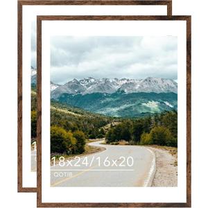 Wood 18x24 Picture Frame with 16x20 Mat, Display 16x20 with Mat or 18x24 Without Mat, Wood 18 by 24 Photo Frame, 18 x 24 Frame for Wall Hanging Display, Deep Brown, 2 Pack