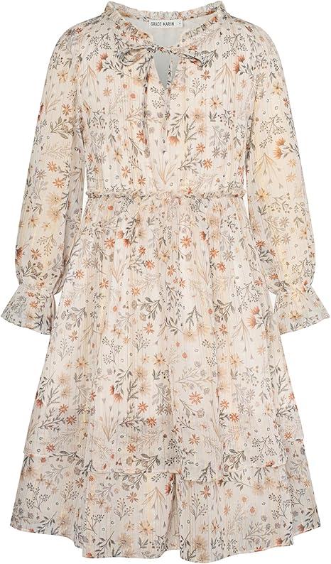 GRACE KARIN Girls Floral Casual Dress Autumn Winter Long Sleeve Casual Dress, Size: 8Y