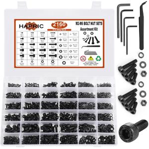 Hapric 2160 Pcs Metric Screw Assortment Metric Bolts M2 M3 M4 M5 M6 Nuts and Bolt Kit, 12.9 Alloy Steel Black Zinc Plated Hex Socket Head Screws Nuts Bolts and Washers Set
