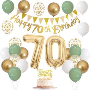 Sage Green White Gold 70th Birthday Balloons with Happy 70th Banner, Cake Decoration Number 70 Balloon for 70 Year Old Party Decor