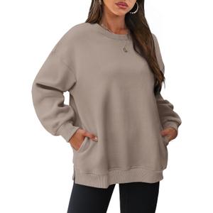 WIHOLL Womens Oversized Sweatshirts Crewneck Long Sleeve Tops Fleece Pullover Fall Fashion Clothes with Pocket (Large, Coffee Grey)