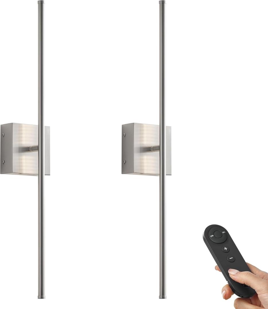 Battery Operated Wall Sconces with Remote Control, Dimmable Wall Sconces Set of Two, 350Rotate, 3000K LED Nickel Wireless Wall Light for Living Room, Hallway, Bedroom, 24.4 Inch (2 Pack)