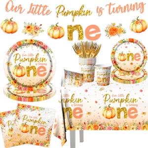 142pcs Little Pumpkin First Birthday Decorations for Girl, Our Little Pumpkin is Turning One Tableware, Floral Pumpkin First Birthday Plates Napkins Cups for Fall Autumn Thanksgiving Party Supplies