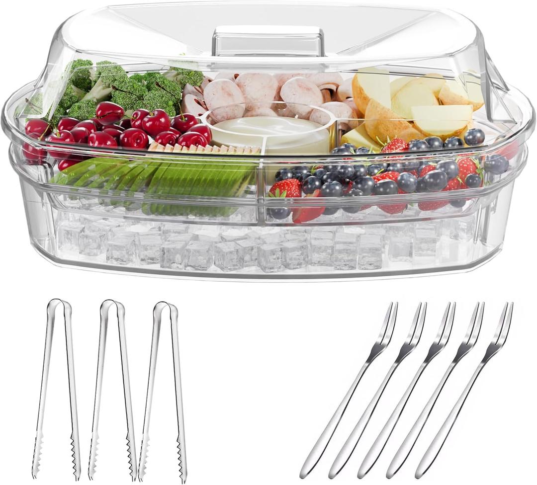 Chilled Veggie Tray with Lid, Shrimp Cocktail Serving Dishes for Entertaining, Ice Serving Platters and Trays Cold Travel Cookout Tailgate Essentials, Appetizer Fruit Snack Tray for Party Clear