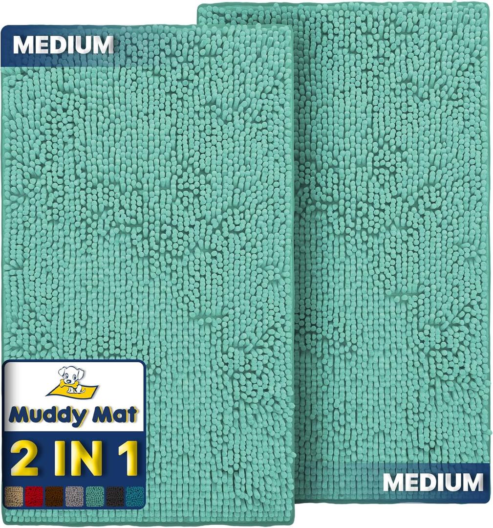Muddy Mat 2-Piece Seafoam Green Medium 30"X19" AS-SEEN-ON-TV Highly Absorbent Microfiber Door Mat, Bath Mat and Pet Rug, Non Slip Thick Washable, Soft Chenille for Kitchen Bedroom Indoor and Outdoor