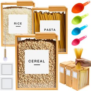 Threehoney 3 Bamboo Cereal Dispenser 75 Oz/ 2.2 l Kitchen Food Storage Containers with Measuring Cups for Airtight Pantry Organization and Storage Container Cereal Rice Flour Snack Nuts Grains