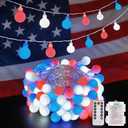 YEGUO Globe String Lights Battery Operated, 33ft 100 Led 4th of July Light Outdoor Waterproof, 8 Modes Hanging Fairy Lights Indoor with Remote for Patriotic Decor(Red White and Blue)