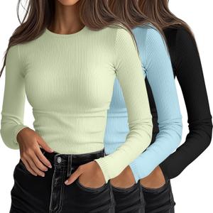 Ficerd 3 Pack Women's Ribbed Long Sleeve Tops, Crew Neck Slim Fit Undershirts Knit Basic Casual Stretch Layering Tee Shirts, Size Small (Black, Light Blue, Tender Green)