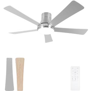 52 Inch Outdoor Ceiling Fan with Light, Brushed Nickel Flush Mount Ceiling Fan and Remote, 5 Blades, Dimmable, Reversible, 3-Colors, 6 Speeds