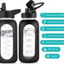 EALGRO 32 oz Glass Water Bottle with Straw and Handle, Sports Motivational Water Flask with Silicone Sleeve, Large Leakproof Water Flask Cup with Time Marker for Travel, Gym, Black