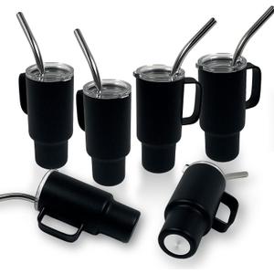 Cute Shot Glasses with handle 2oz, Mini Shot Tumbler with Lid and Straw, Kawaii Insulated Tumblers for Espresso Coffee Spirits Cute Stuff Funny Gifts (6x Black)