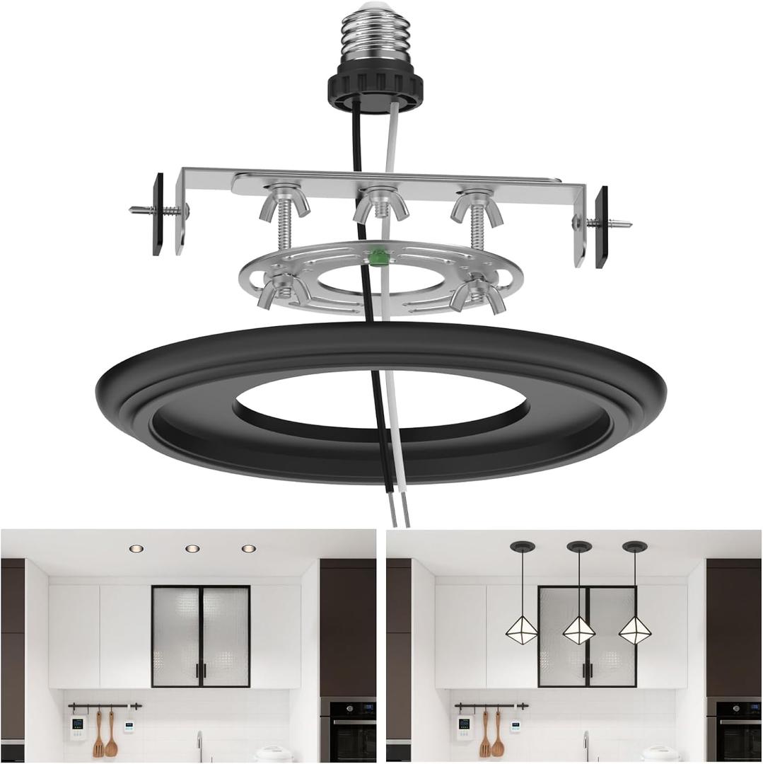 Recessed to Pendant Light Converter Kit - 6 Inch Can Light Conversion, Includes E26 Socket, Mounting Bracket, Round Ceiling Plate & 3D Black Cover, 7.8 inches x 7.8 inches x 1.5 inches