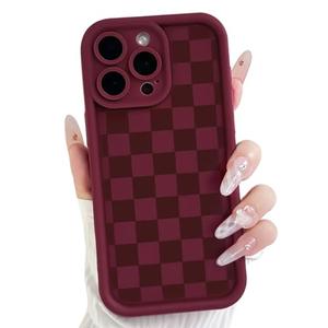 Lovmooful Compatible for iPhone 15 Pro Case Aesthetic Cute Checkerboard Lattice Plaid with Color Design for Girls Women Soft TPU Shockproof Protective Girly for iPhone 15 Pro Case-Wine Red