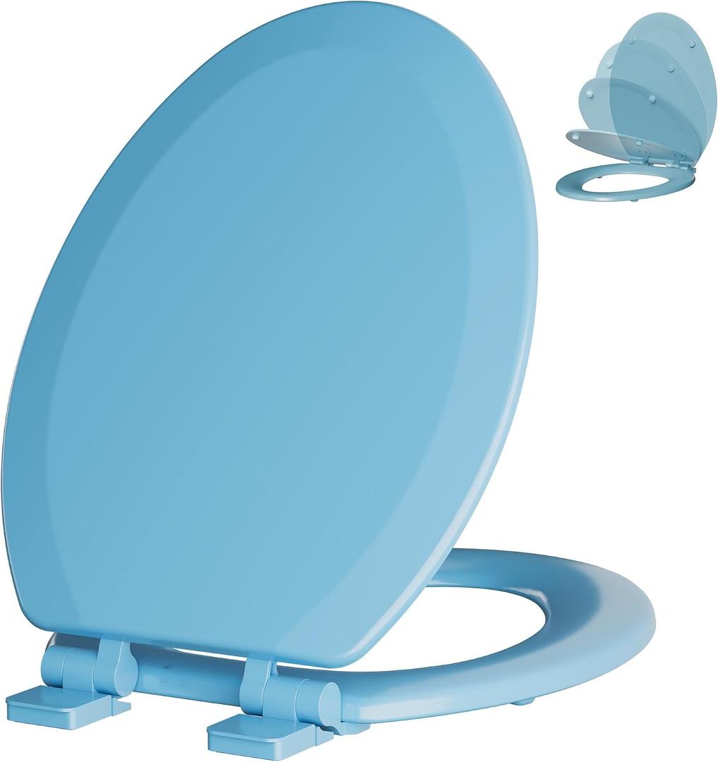 Angol Shiold Slow Close Wood Toilet Seat（Blue, Elongated 18.5''）