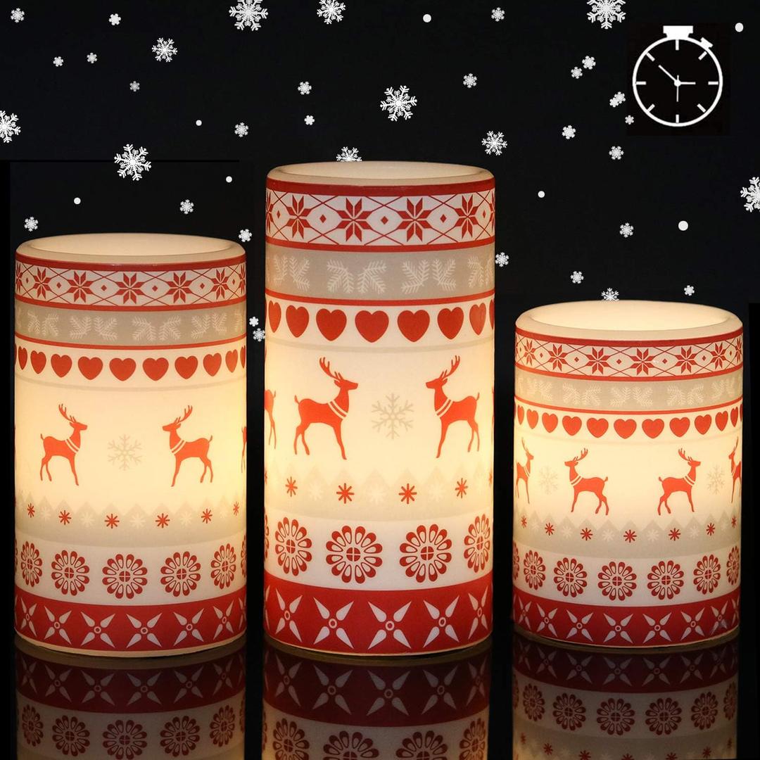 GenSwin Flameless Flickering Led Candles Battery Operated with 6 Hours Timer, Real Wax Pillar Candles Warm Light Love Deer Decal Decor Gift(Pack of 3) (Red Deer)