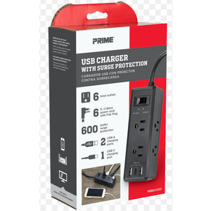 SLIM 600J W USB A/C6 FT BLK FLAT SURGE
