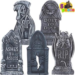 JOYIN 17 Halloween Tombstones for Graves Decorations Outdoor (5 Pack), Foam RIP Graveyard Headstone Decorations and 12 Bonus Metal Stakes for Halloween Yard Lawn Decor