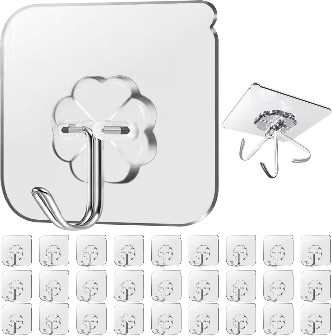 28 Pack Sticky Hooks for Hanging Heavy Duty, Wall Hooks Adhesive, Clear self Adhesive Hooks for Wall, Kitchen, Bathroom, Shower & Ceiling