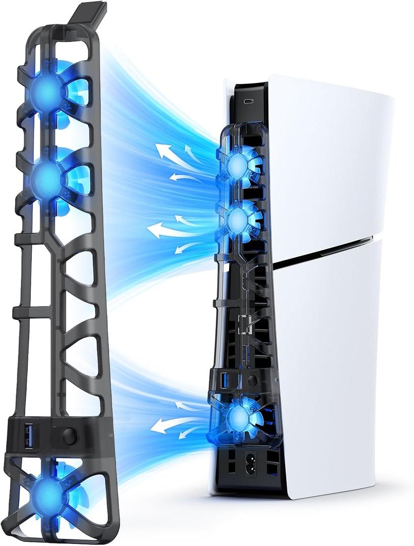 NexiGo PS5 Slim Silent Enhanced Cooling Fan with Adjustable Speed, Auto Power On/Off, with USB 3.0 Port, Efficient Cooling System for Both PS5 Slim Disc and Digital Editions (Black)