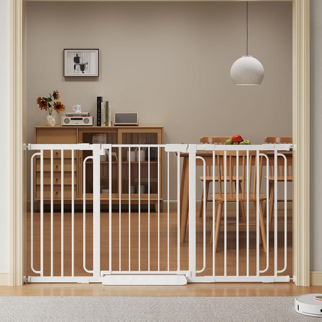 Extra Wide Baby Gate with Door 53.4-61.3 Inch Pressure Mounted, Auto Close Child Baby Gates for Doorways No Drill, Walk Through Dog Gate Indoor for The House, White