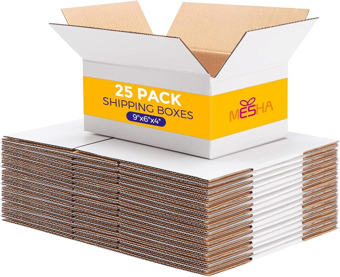 MESHA White Corrugated Mailing Box 9X6X4'' Shipping Boxes Cardboard For Small Business Packaging Small Items Gift Box Mailer 25 PACK