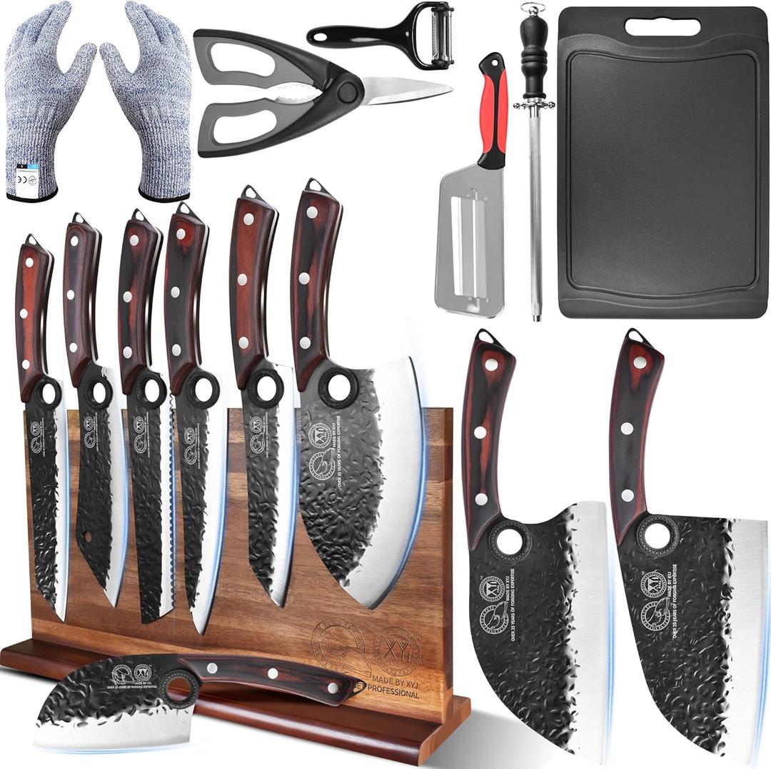 XYJ Knife Block Set, Professional Kitchen Knife Set with Magnetic Knife Block, Cutting Board, Honing Steel, High-Carbon Steel forged Blades, Chef's Knife, Cleaver, Carving Knife, Full Tang Design