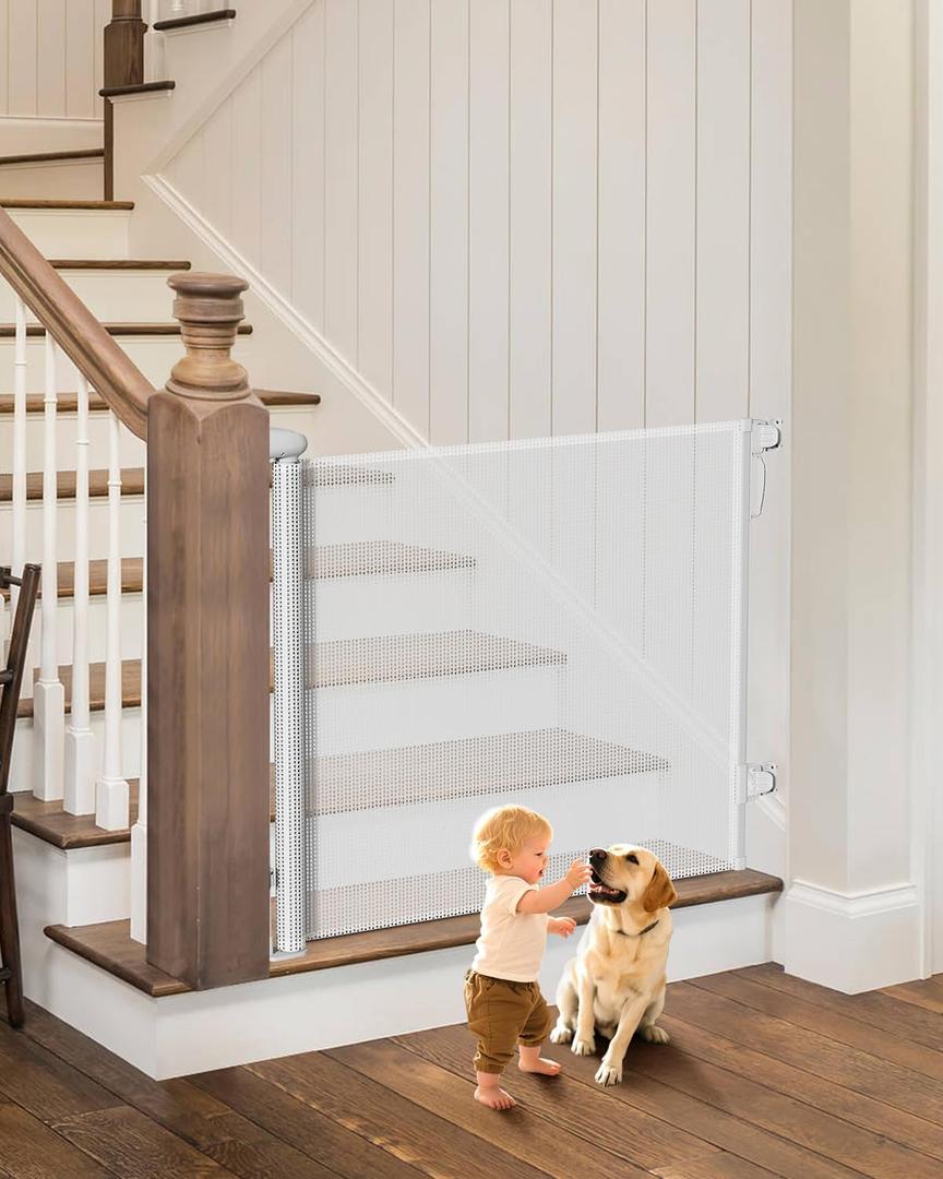 Retractable Baby Gate for Stairs - 55" Wide Mesh Dog Gate Indoor, Two-Step Safety Lock, 34" Tall Child Gate for Doorways, Hallways, Deck, Indoor Outdoor Garage, White