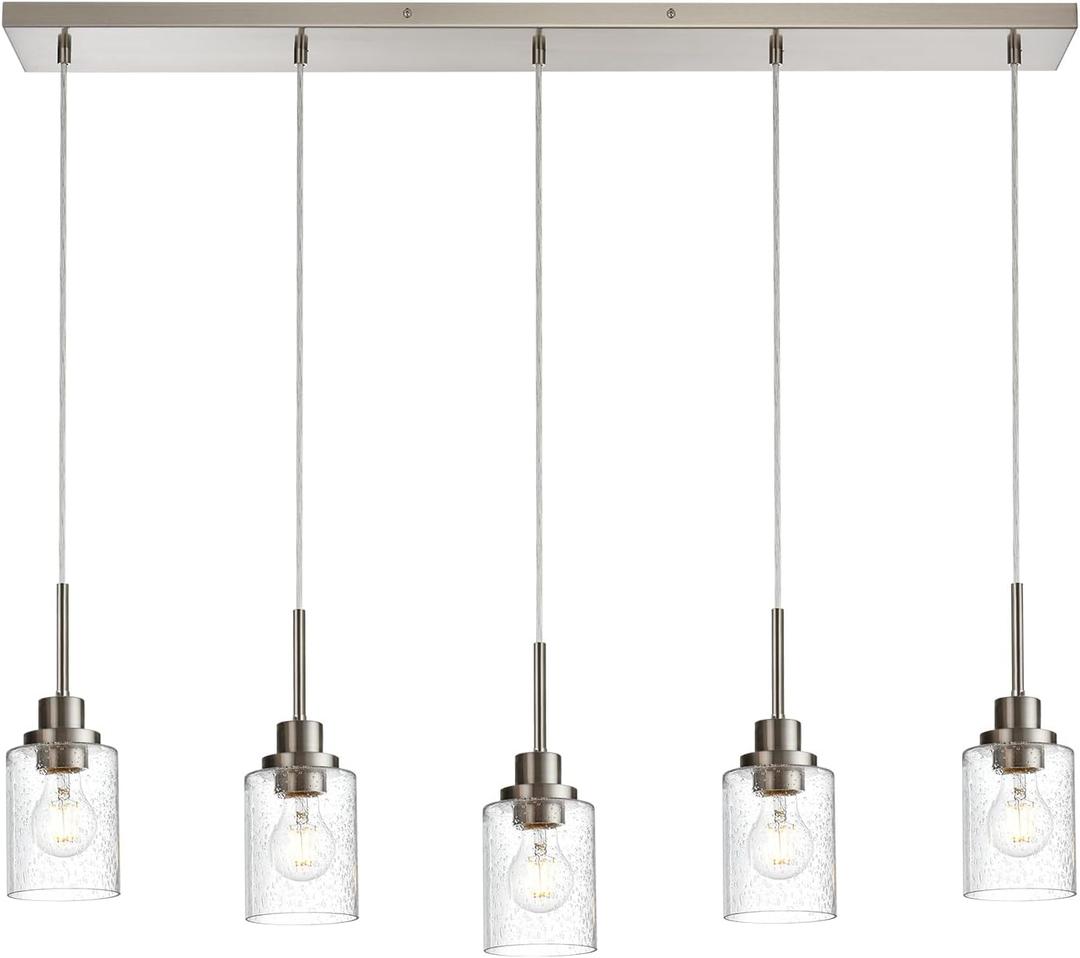 Lighting Contemporary Brushed Nickel Linear Chandelier Pendant Light 5 Lights Clear Seeded Glass Farmhouse Pendant Lighting Modern Dining Room Light Fixture for Living Room Kitchen Island