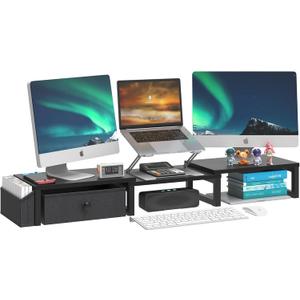 LANDVOI Dual Monitor Stand with Drawer and Side Pockets, Monitor Riser for Desk, Home Office Desk Storage, Multi-Scenario Adaptation for Work and Entertainment, Black, HMS02BK