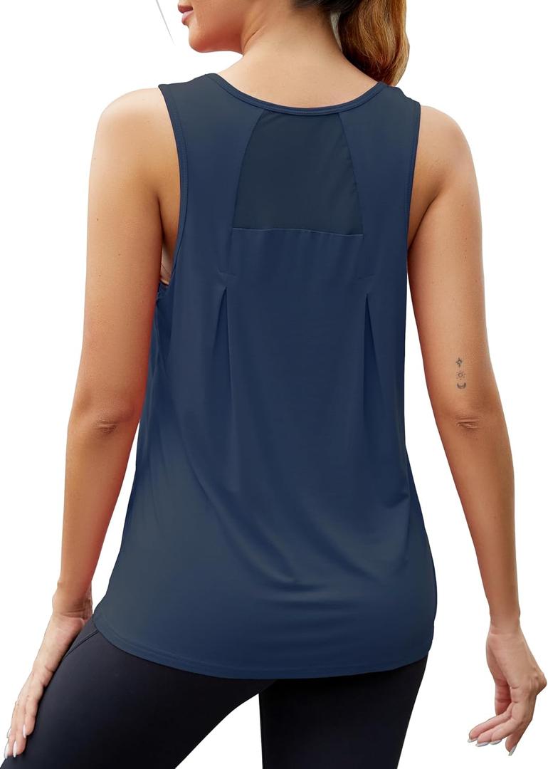 Mippo Workout Tops for Women Mesh Athletic Shirts Sleeveless Yoga Tank | Long Tank Tops, Lightweight, Loose Fit, Soft and Breathable, Running Tank, Gym and Casual, Easy to Care (Blue, M)