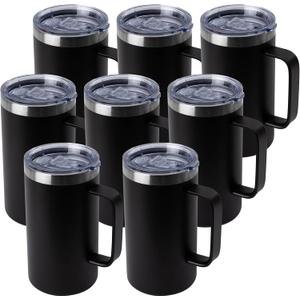 DOMICARE 24oz Mug with Handle and Lid, Stainless Steel Coffee Mug, Travel Mug with Handle, Double Wall Vacuum Coffee Tumbler, Reusable Insulated Cup, Black, Pack 8