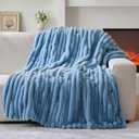Lotus Karen Faux Fur Twin Blanket for Couch, Cozy Soft Fluffy Fuzzy Blue Blanket, Striped Warm Thick Furry Plush Shaggy Small Blankets for Women, 60x80 Inches