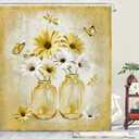 Rustic Farmhouse Yellow Floral Shower Curtain, Sage Green Daisy Flowers Butterfly Dragonfly on Abstract Aesthetic Country Wooden Boho Shower Curtain Set, White Bathroom Accessory with Hooks, 70X70