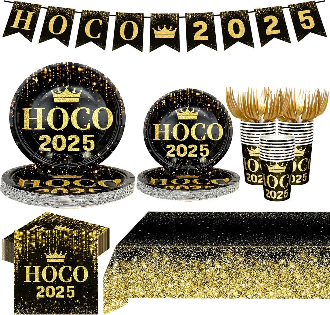 152 Pcs HOCO Party Supplies Homecoming Decorations Black and Gold 2025 Tableware Serve 25 Guest Include Cups Plates Forks Napkins Banner Tablecloth for School Celebration