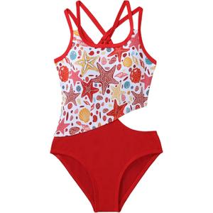 Girls One Piece Swimsuits Cute Bow Straps Flower Graphic Bathing Suits for Girls (9-10 Years, Red)