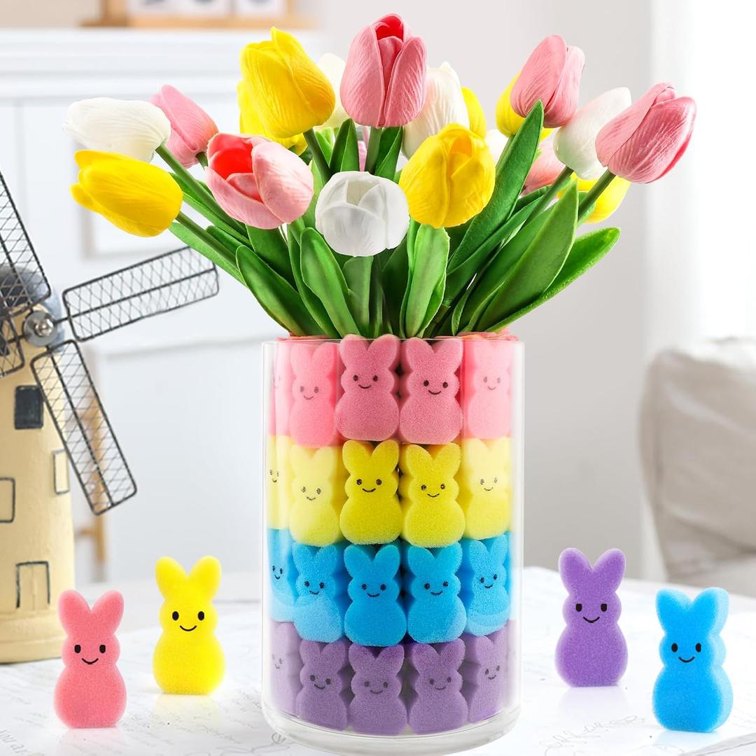 Labrostar Easter Decorations Easter Decor 15pcs Artificial Tulips with 48pcs Bunnies Vase Filler Spring Decor Home Indoor Decoration Centerpieces for Tables