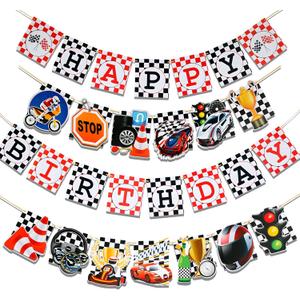 Set of 4 Race Car Happy Birthday Party Banners, Racing Theme Garlands Checkered Flag for Birthday Party Supplies Photo Props Baby Shower Wall Decor