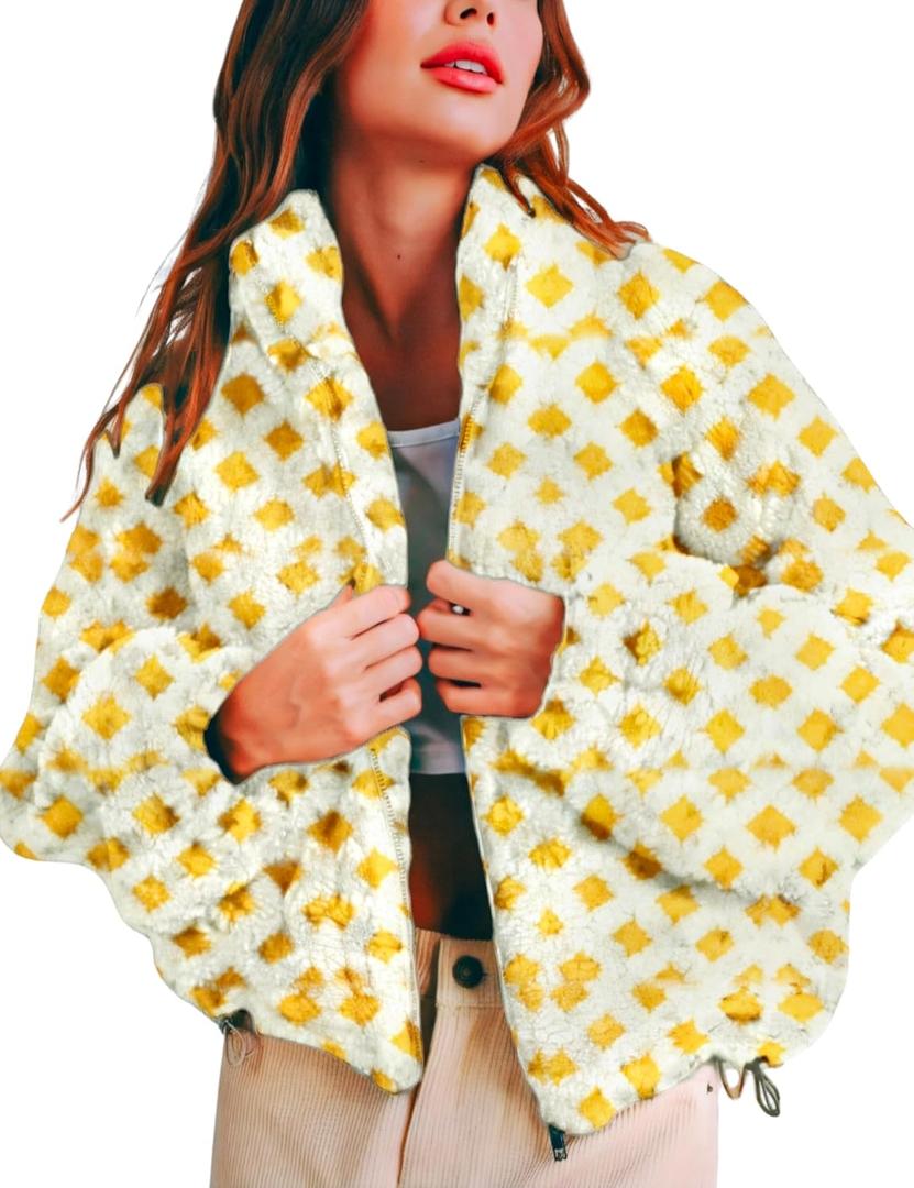Esmeling Womens Long Sleeve Cropped Sherpa Fleece Plaid Jacket Casual Chunky Teddy Fleece Outerwear (Medium, Yellow)