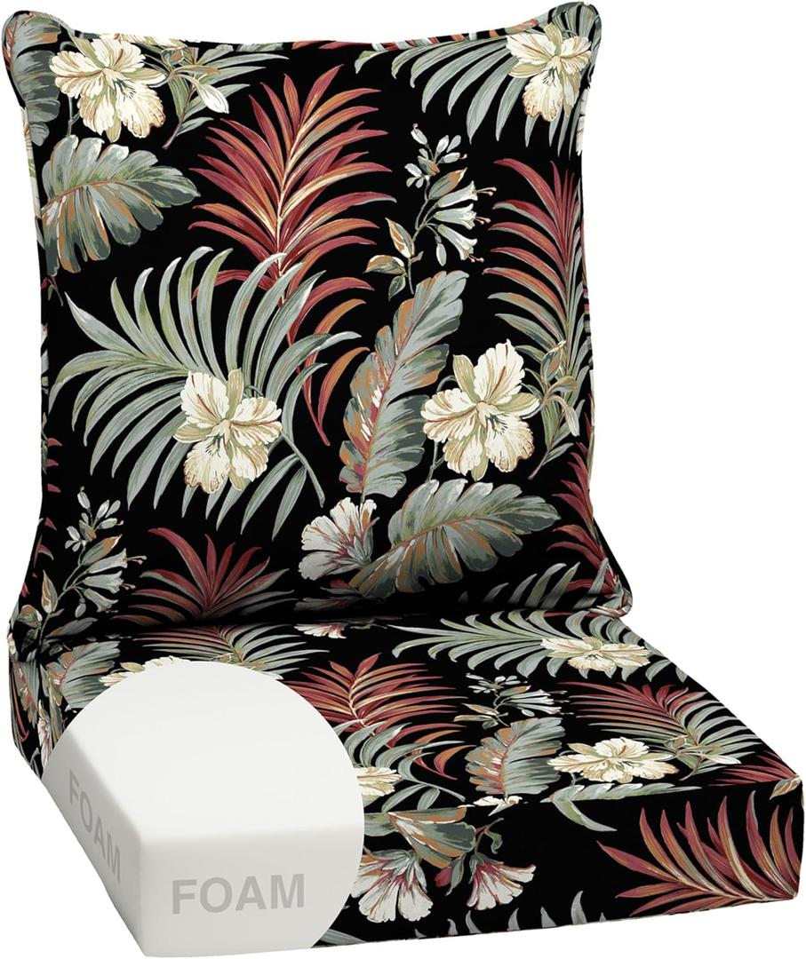 Arden Outdoor Foam Deep Seat Cushion Set, 24 in x 24 in, Weather-Proof, Rain-Proof, Fade Resistant Patio Cushion, Bottom and Back Cushion for Chair, Sofa, and Couch Simone Black Tropical (1 Pack)