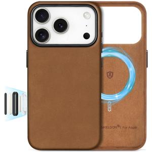 SHIELDON Top Grain Crazy Horse Leather Case for iPhone 17 Pro 6.3" 2025 | [Updated Camera Button] | Compatible with Magsafe | Magnetic Wireless Charging | Shock-Absorbent | Metal Buttons - Brown