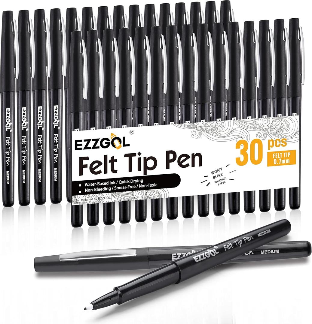 Ezzgol Black Felt Tip Pens, 30 Pack, 0.7mm Premium Medium Fine Point, Felt Tip Markers For Writing, Journal, Planner Coloring, Note Taking, Drawing, Art, School