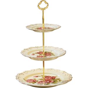 YOLIFE Red Rose Pattern 3 Tiered CupCake Stand, Emboss Golden Leaves Edge Porcelain 3 Tier Pastry Desert Fruit Stand