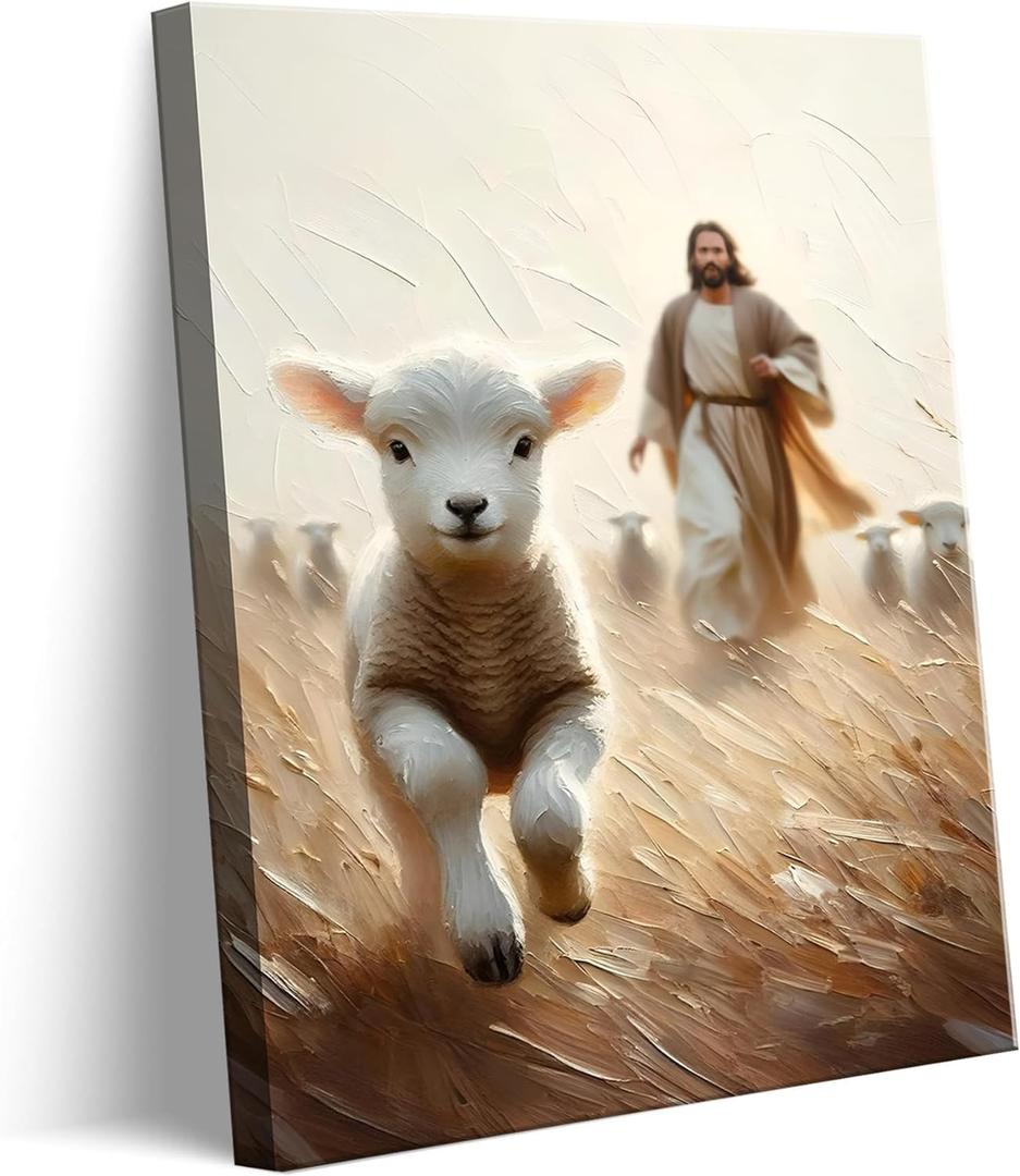 SZV Jesus and Lamb Canvas Wall Art Jesus Running After Lost Lamb Wall Decor Picture Christian God Home Decoration 12x16in (16L" x 12W")