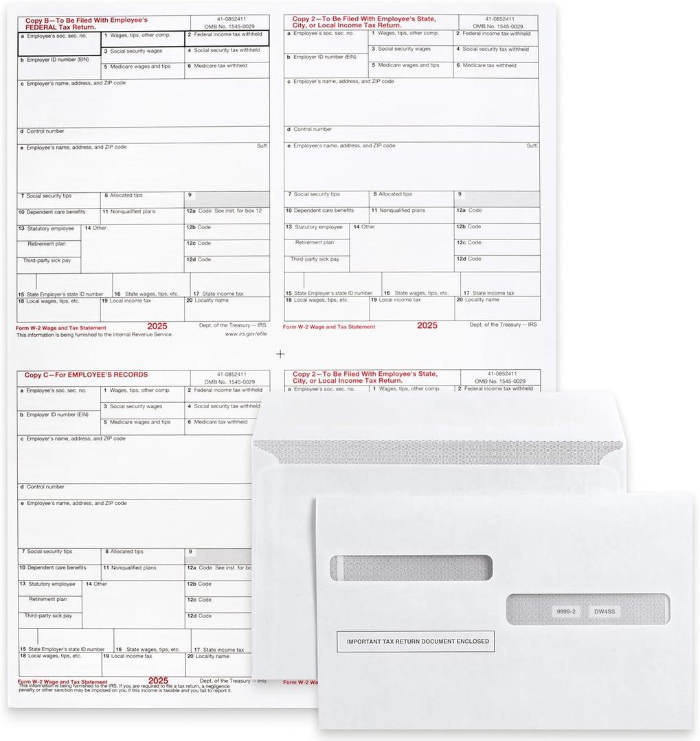 2025 Pre-Printed W2 4-Up Laser Tax Forms Set with Double-Window Envelopes, for 25 Employees
