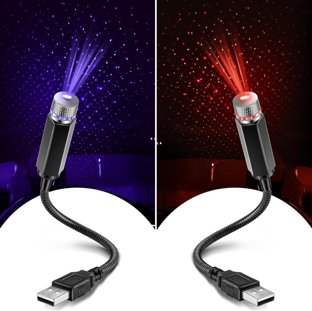Hortsun 2 Pack USB Star Projector Night Light Adjustable Romantic Projector Car Interior Roof Lights Portable LED Night Star Lamp Atmosphere Decorations for Ceiling, Bedroom, Party
